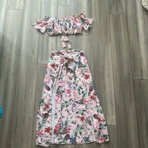 Minkpink Revolve floral boho maxi skirt Tie crop top set XS